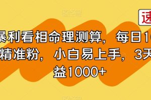 暴利看相命理测算，每日100+精准粉，小白易上手，3天收益1000+【揭秘】